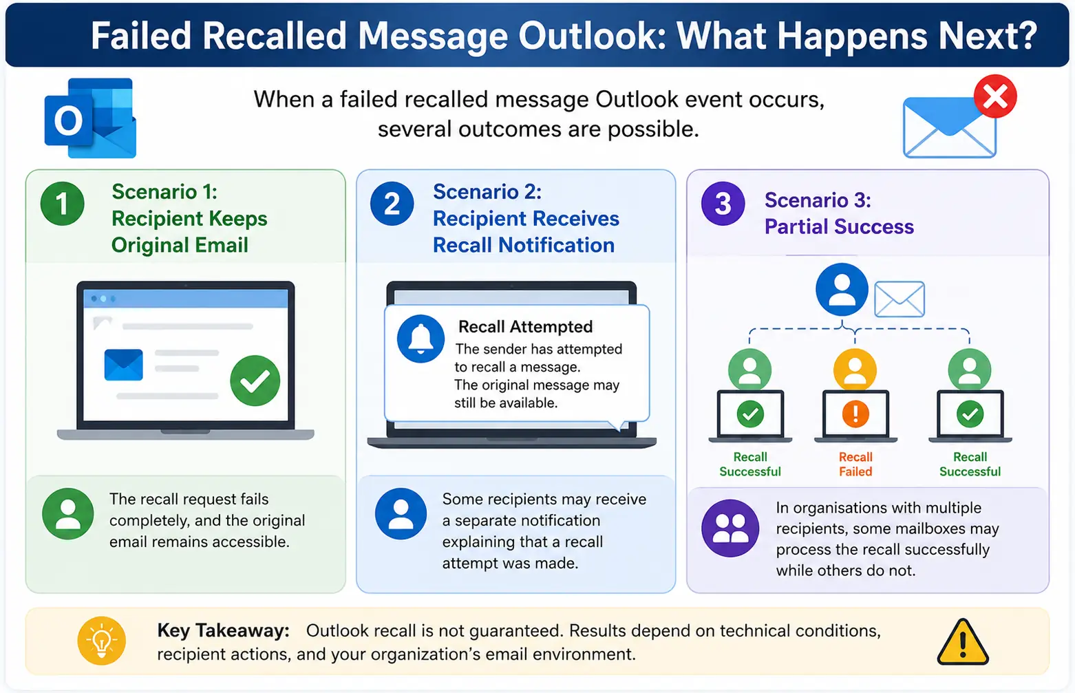 failed recalled message outlook what happens next