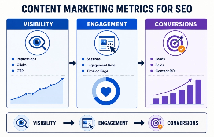Content marketing metrics for SEO dashboard showing visibility, engagement and conversions