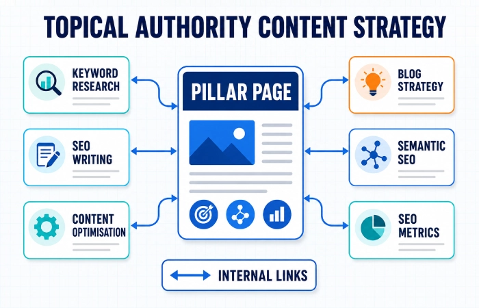 Topical authority content strategy connecting a pillar page with supporting articles