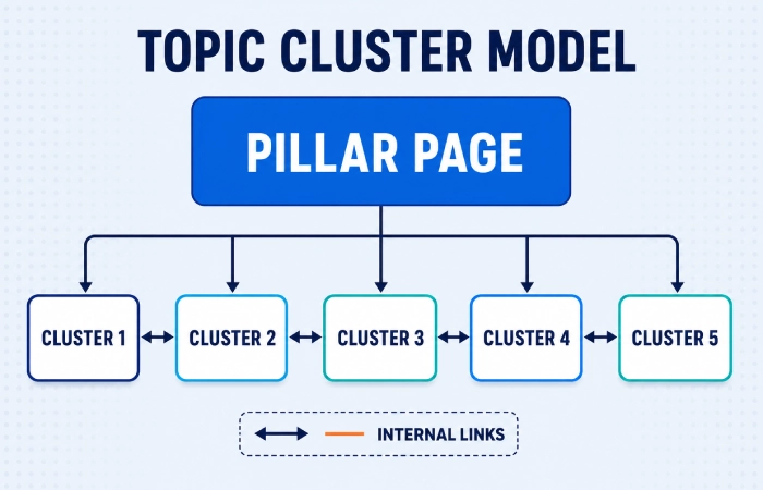 topical authority content strategyTopic cluster model showing pillar and cluster pages